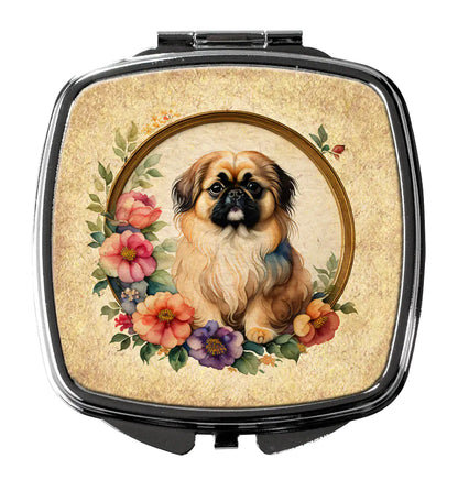 Pekingese and Flowers Compact Mirror