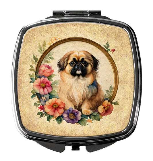 Pekingese and Flowers Compact Mirror