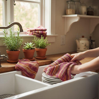 HandMade Cotton Dish Cloths Reds mix with Oranges, Creams and Dark Pinks