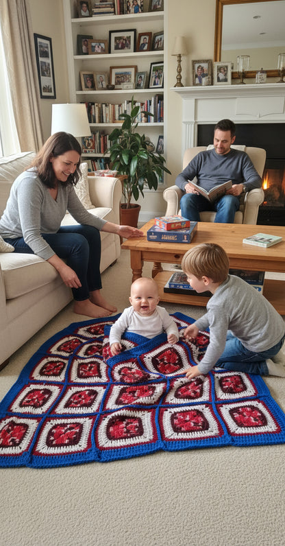 Handmade Granny Square hand crochet of Mix's Red, Whites, and Blue Border Baby Blanket