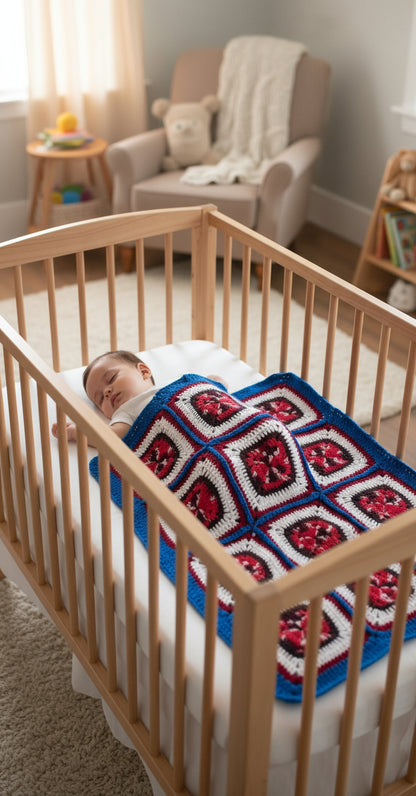 Handmade Granny Square hand crochet of Mix's Red, Whites, and Blue Border Baby Blanket