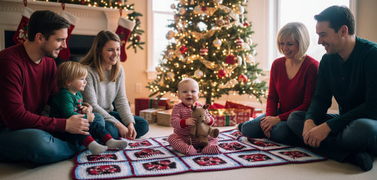 Handmade Granny Square hand crochet of Mix Red, Whites, Light Blue and Red Border Baby Blanket