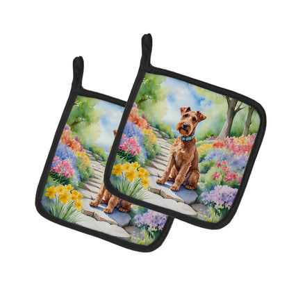 Irish Terrier Spring Path Pair of Pot Holders