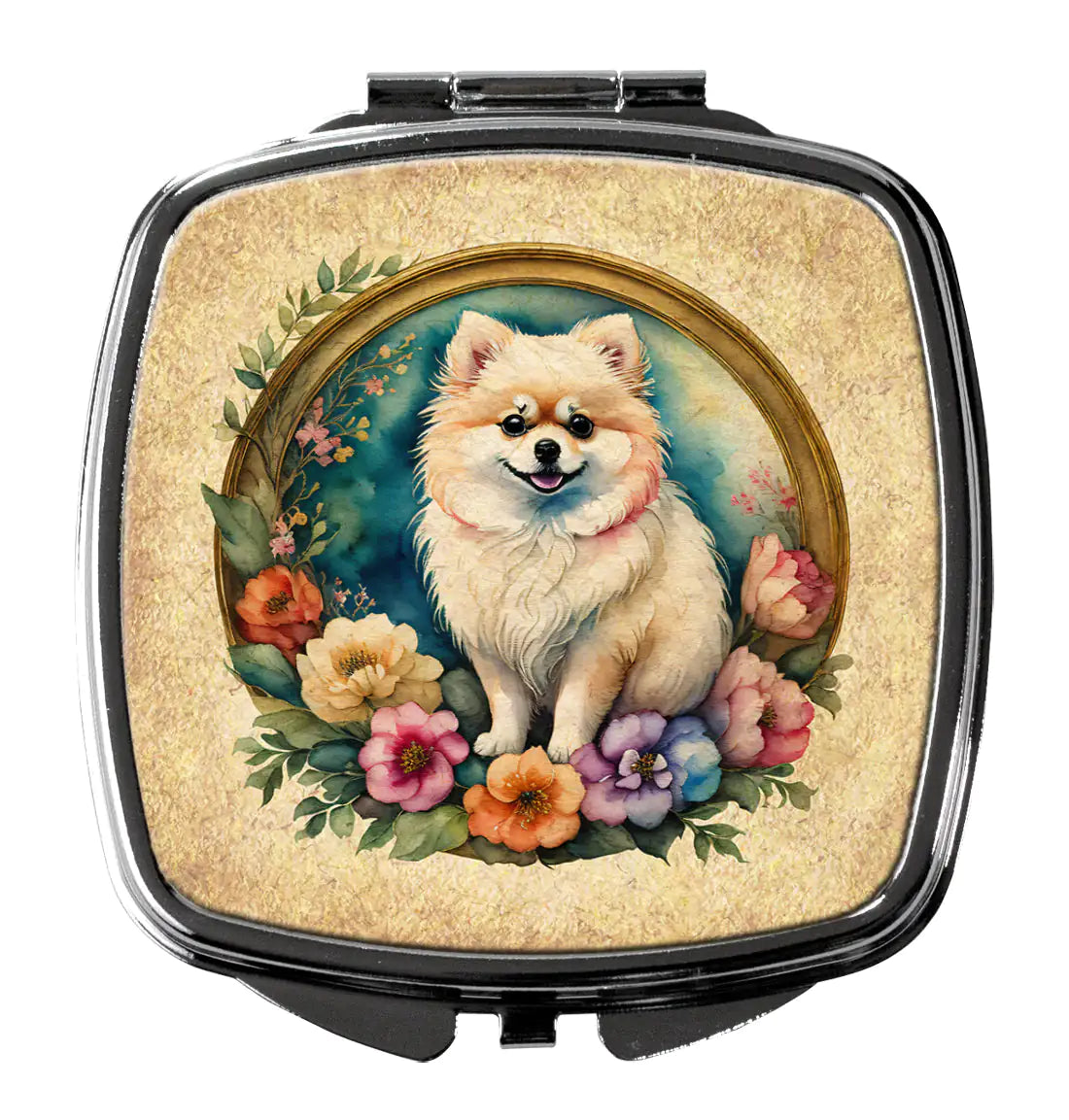 Pomeranian and Flowers Compact Mirror