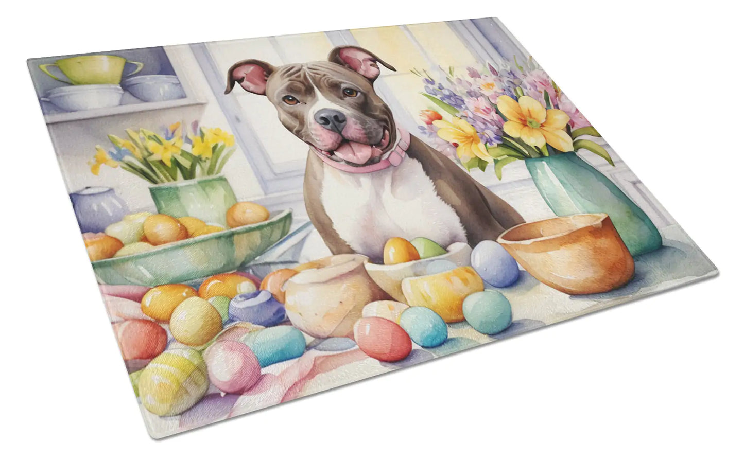 Decorating Easter Pit Bull Terrier Glass Cutting Board