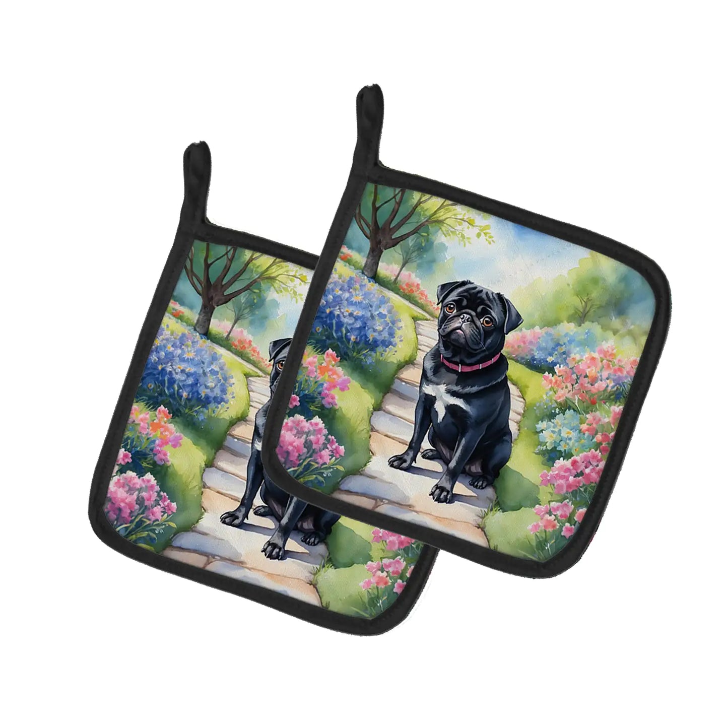 Black Pug Spring Path Pair of Pot Holders