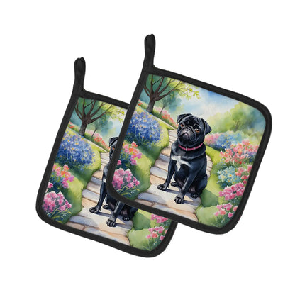 Black Pug Spring Path Pair of Pot Holders