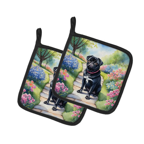 Black Pug Spring Path Pair of Pot Holders