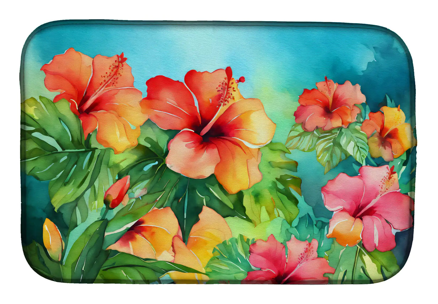 Hawaii Hawaiian Hibiscus in Watercolor Dish Drying Mat