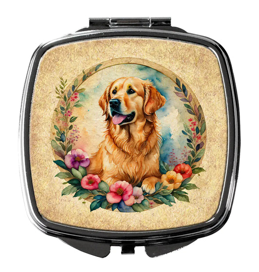 Golden Retriever and Flowers Compact Mirror