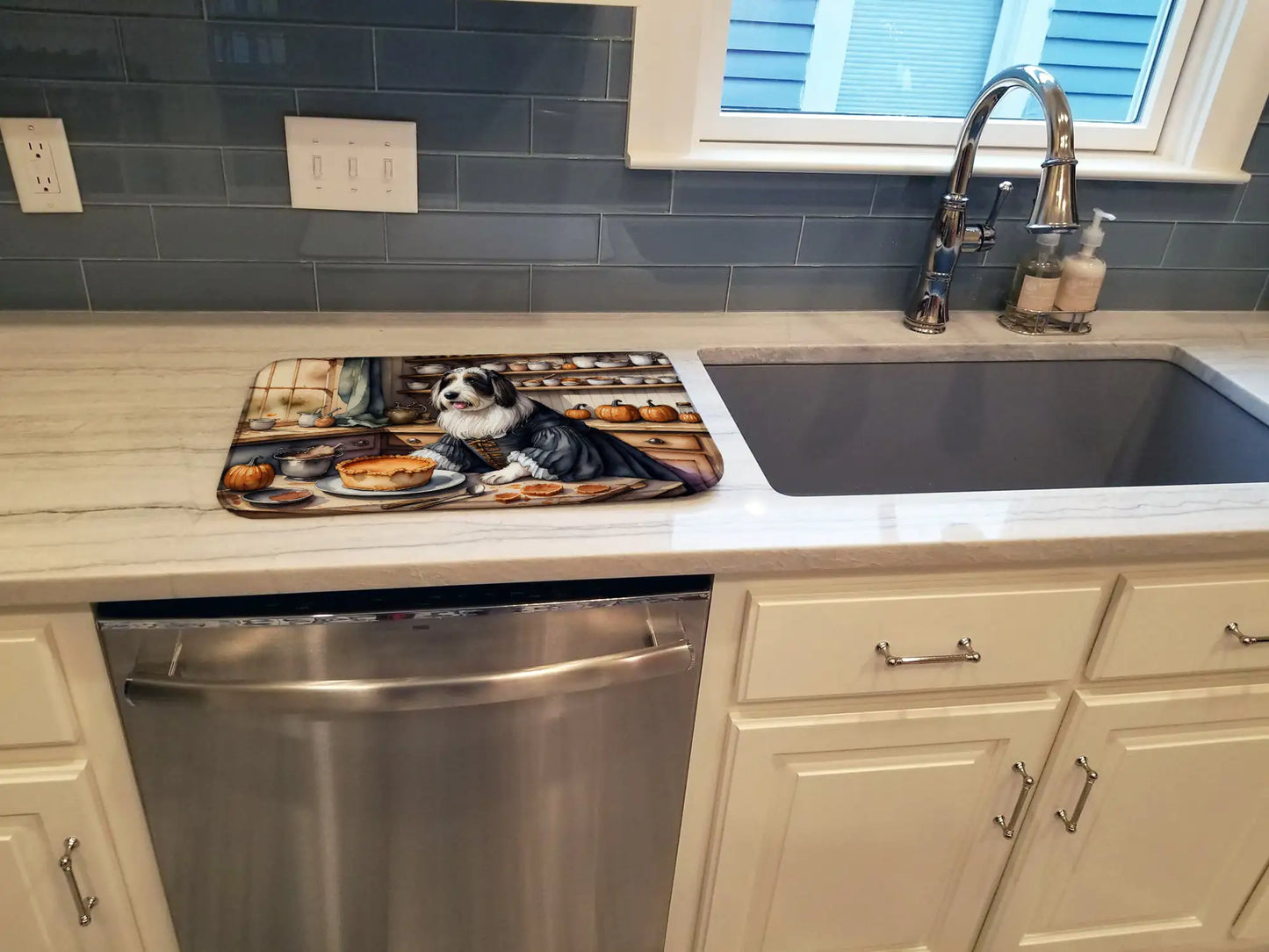 Bearded Collie Fall Kitchen Pumpkins Dish Drying Mat