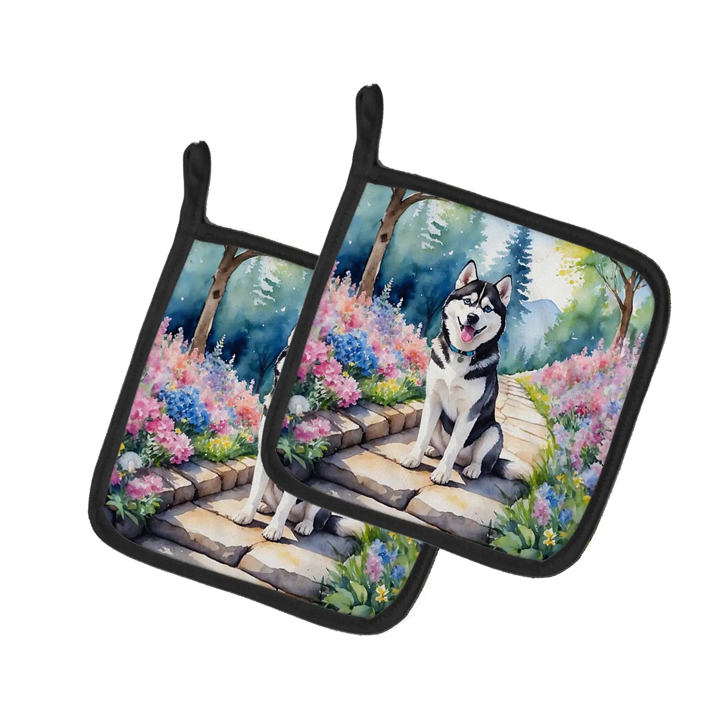 Siberian Husky Spring Path Pair of Pot Holders