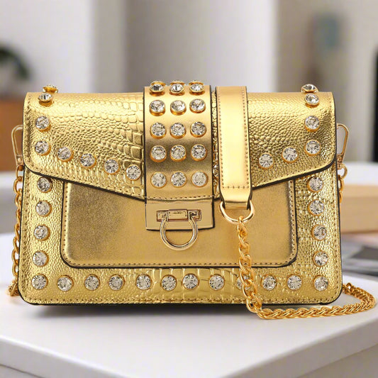 DIUY Purse Trendy Leather Shoulder Chain Crossbody Bags Vintage Crocodile Print Satchel Handbag for Women Golden