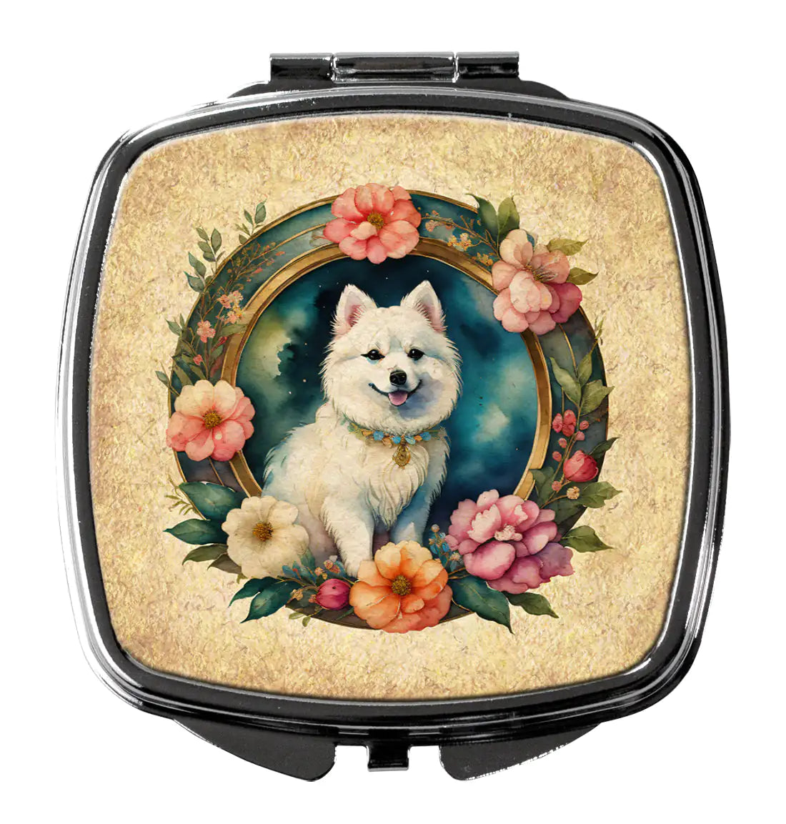 Japanese Spitz and Flowers Compact Mirror