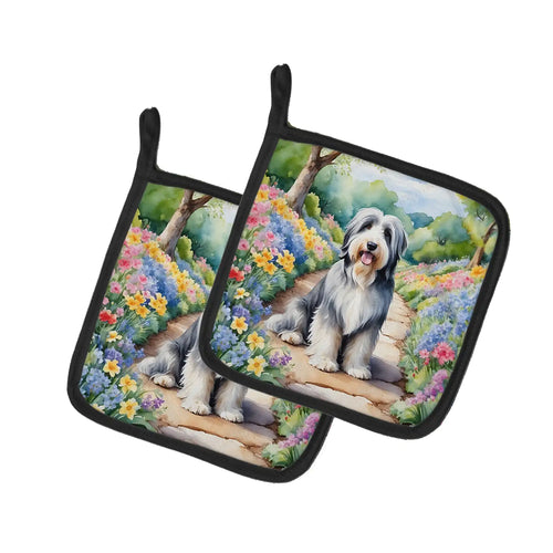 Bearded Collie Spring Garden Pair of Pot Holders