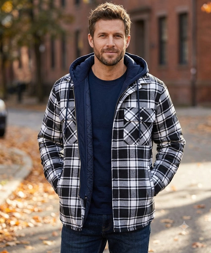 Men's hooded plaid padded jacket, black-and-white check, zip-front quilted design