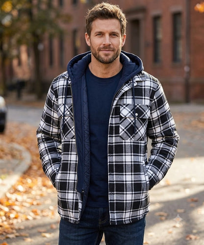 Men's hooded plaid padded jacket, black-and-white check, zip-front quilted design