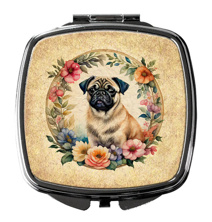 Fawn Pug and Flowers Compact Mirror