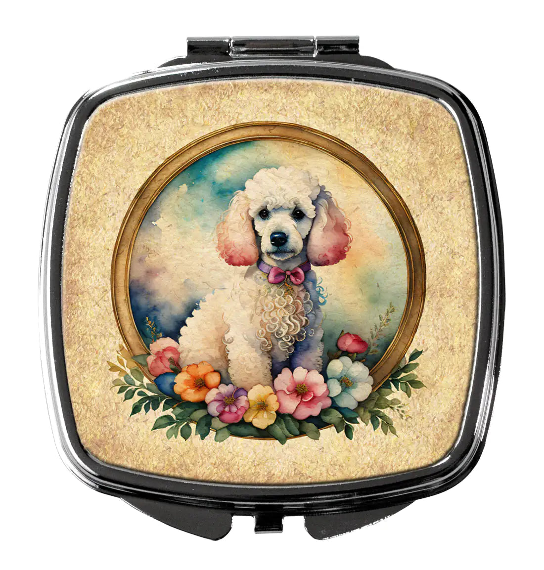 White Poodle and Flowers Compact Mirror