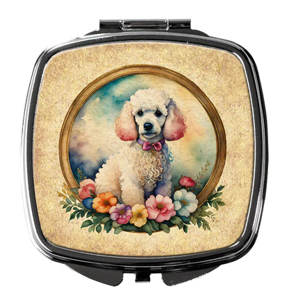 White Poodle and Flowers Compact Mirror