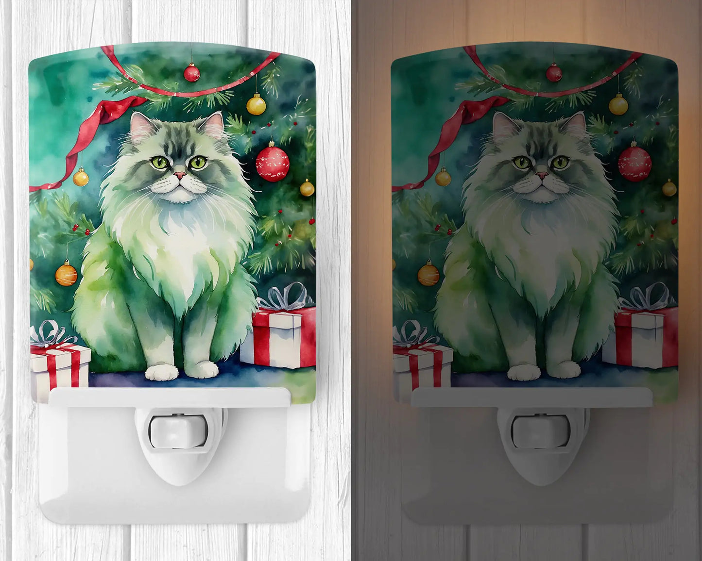 Persian Cat By the Christmas Tree Ceramic Night Light
