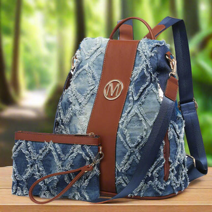 MKP Women Fashion Backpack Purse Jean Denim Handbag Anti-Theft Rucksack Travel College Shoulder Bag with Wristlet