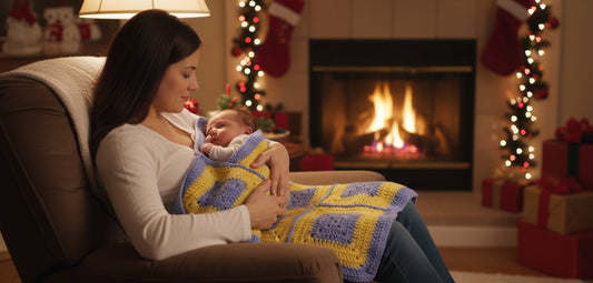 Yellow and light purple granny square baby blanket with light purple border, crocheted