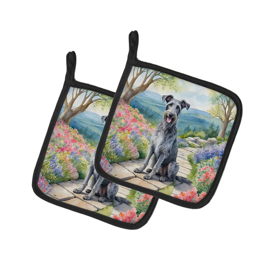 Scottish Deerhound Spring Path Pair of Pot Holders