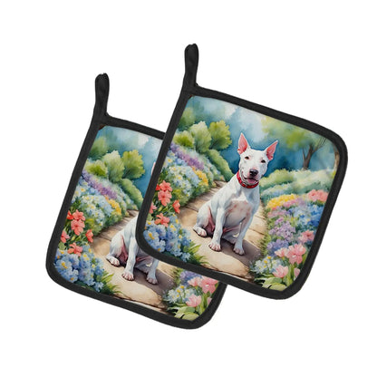 Bull Terrier Spring Path Pair of Pot Holders