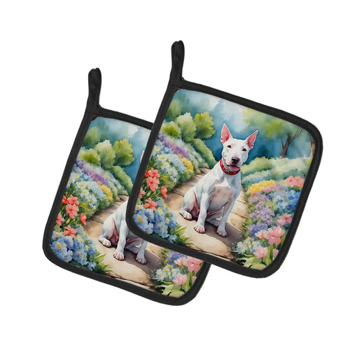Bull Terrier Spring Path Pair of Pot Holders