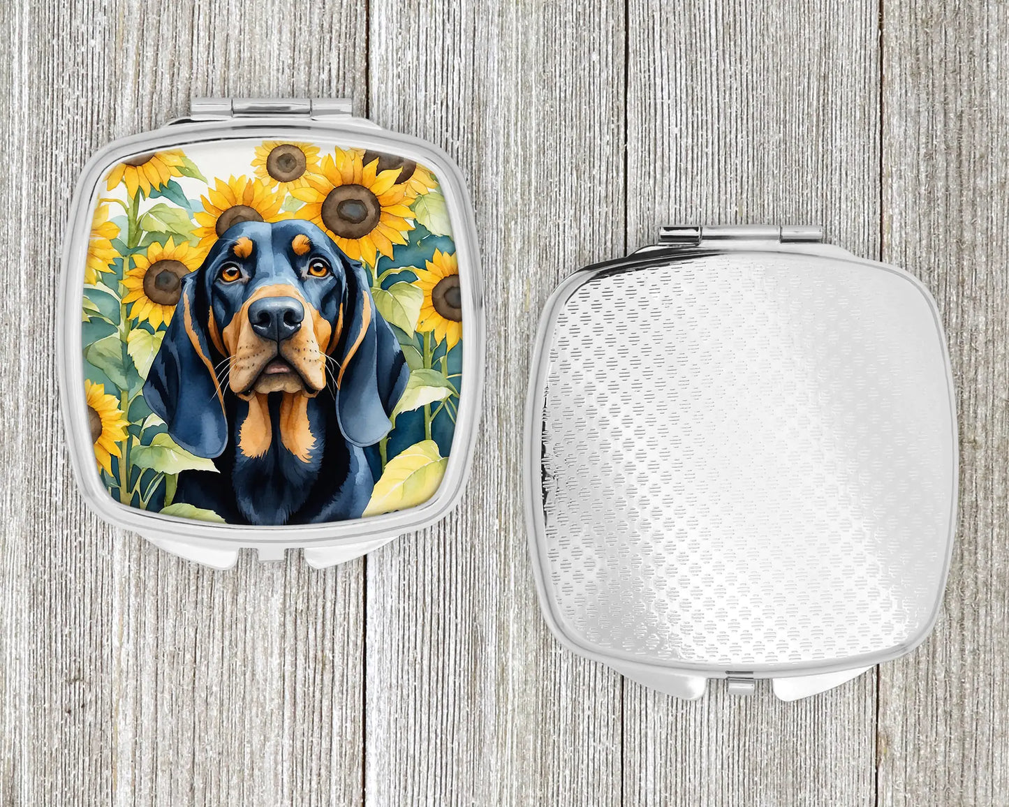 Black and Tan Coonhound in Sunflowers Compact Mirror